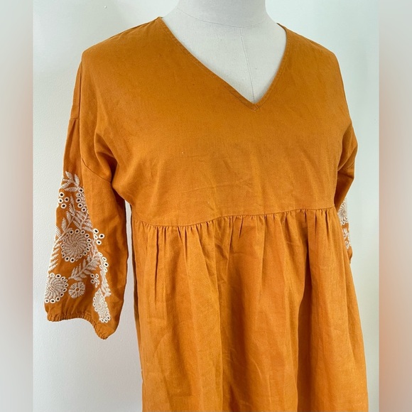 Madewell | Linen Blend | Embroidered Sleeve Popover Dress | Caramel | Women’s S - Picture 3 of 8